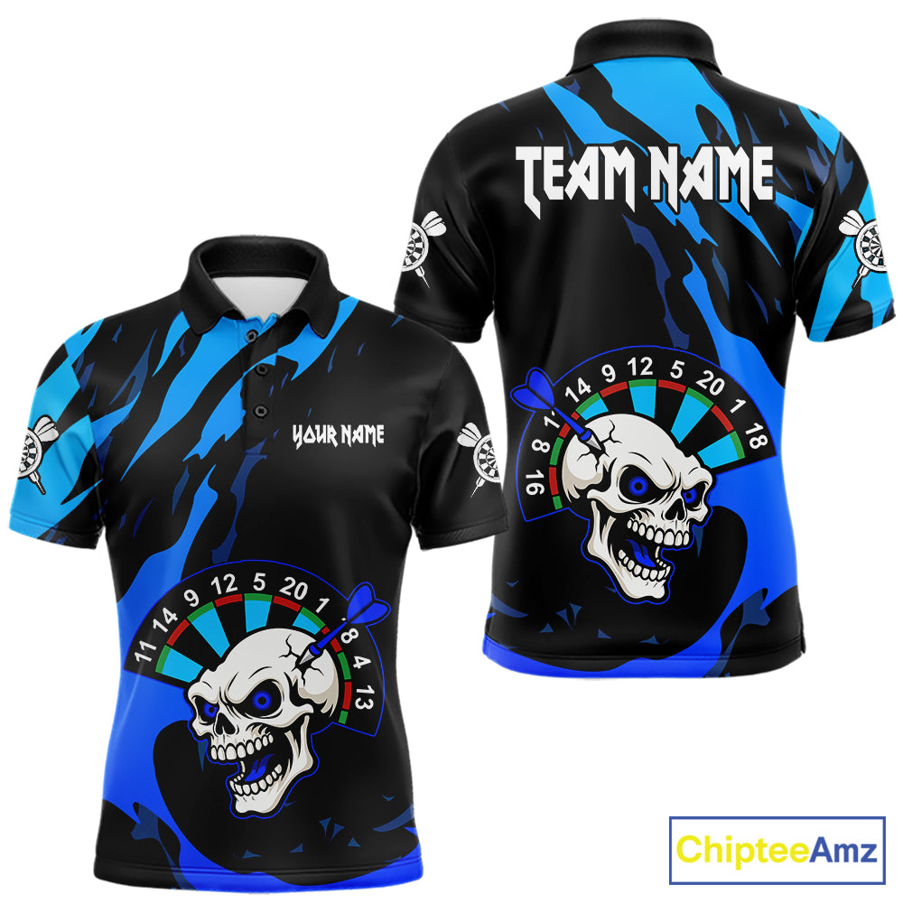 Blue Funny Skull Dart Shirts With Pocket Option For Men Custom Darts Jersey TDM7343