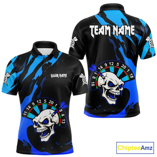 Blue Funny Skull Dart Shirts With Pocket Option For Men Custom Darts Jersey TDM7343