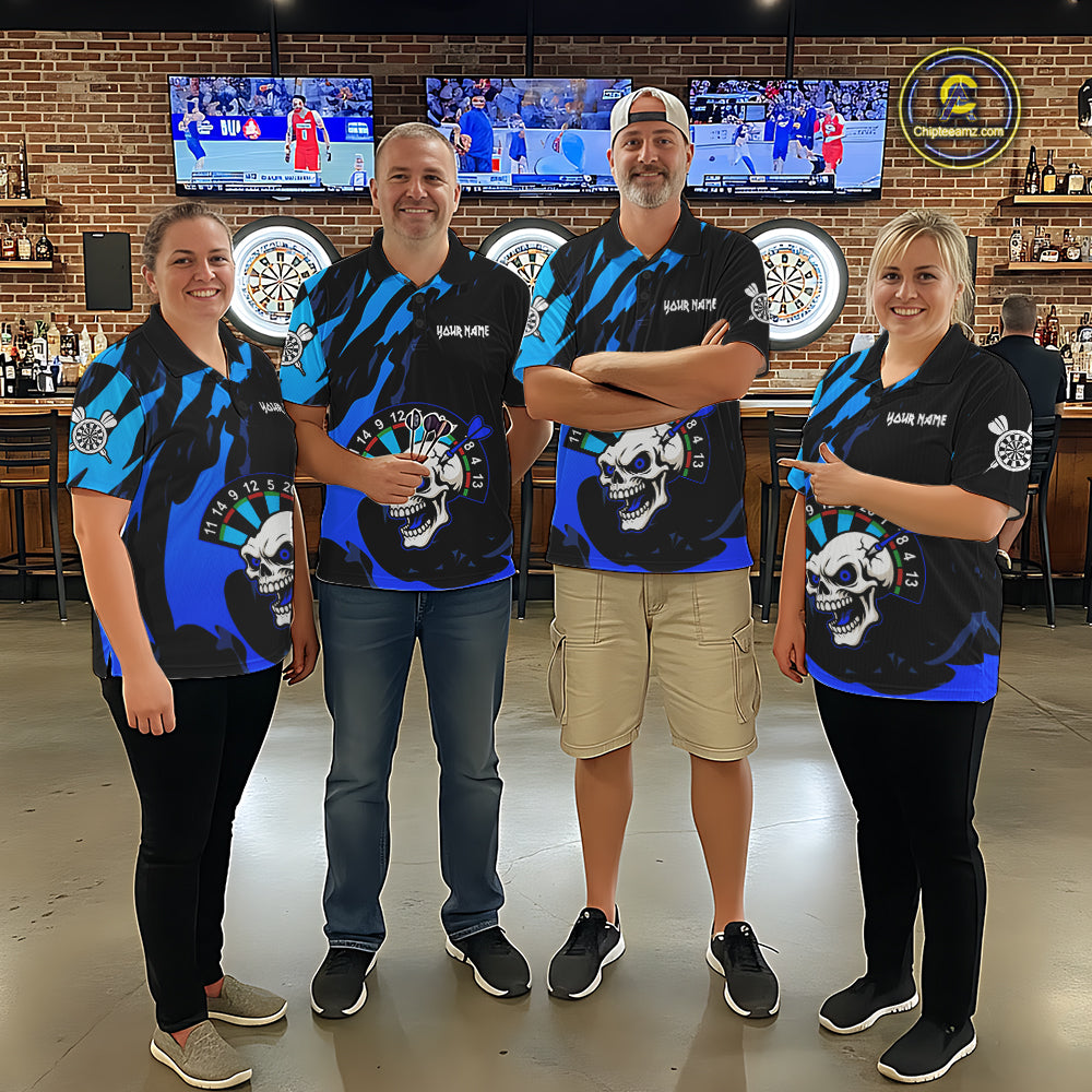 Blue Funny Skull Dart Shirts With Pocket Option For Men Custom Darts Jersey TDM7343