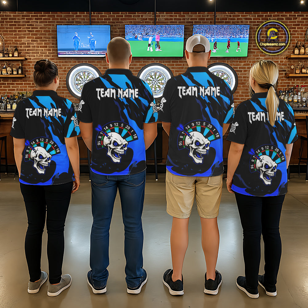 Blue Funny Skull Dart Shirts With Pocket Option For Men Custom Darts Jersey TDM7343