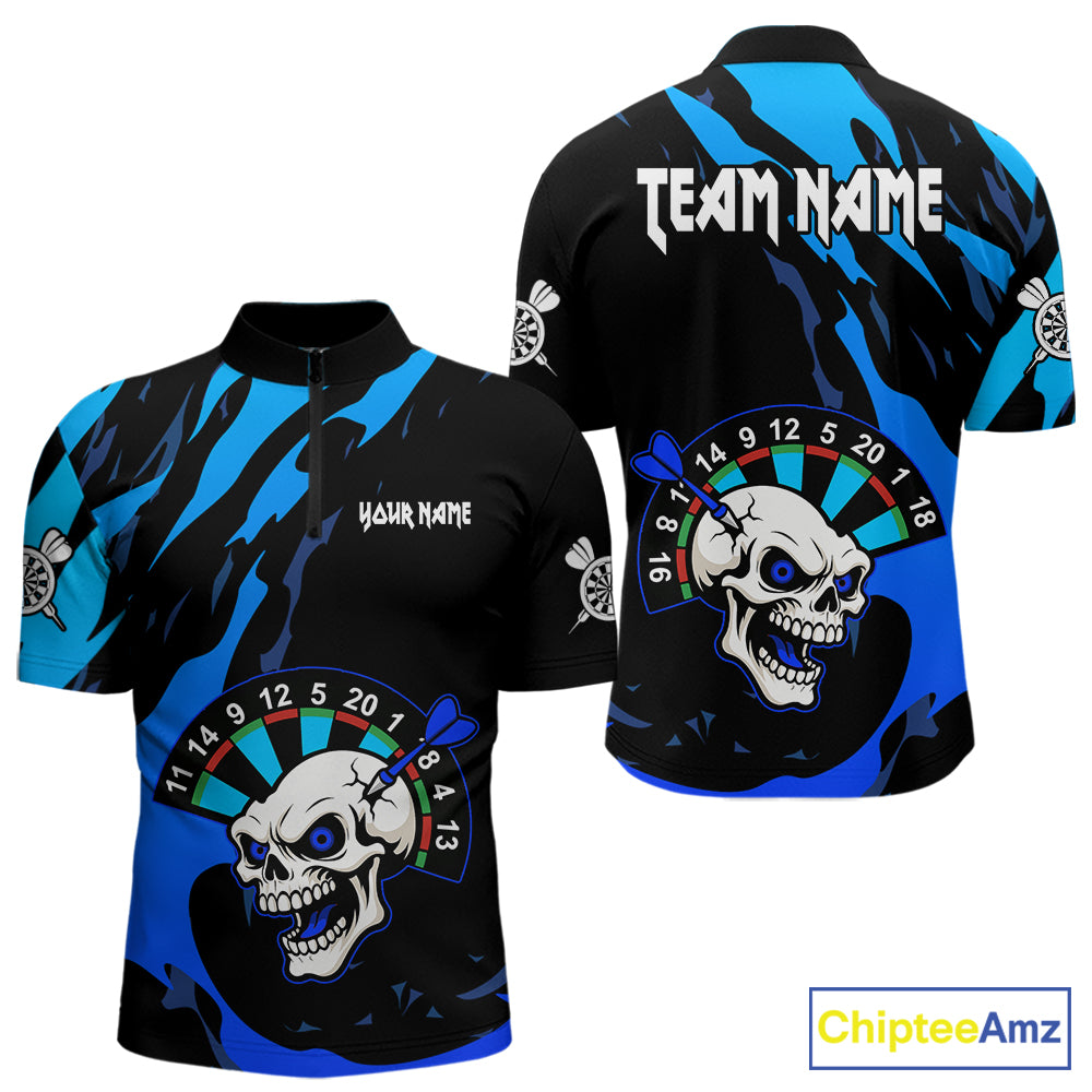 Blue Funny Skull Dart Shirts With Pocket Option For Men Custom Darts Jersey TDM7343