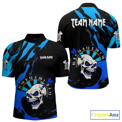 Blue Funny Skull Dart Shirts With Pocket Option For Men Custom Darts Jersey TDM7343