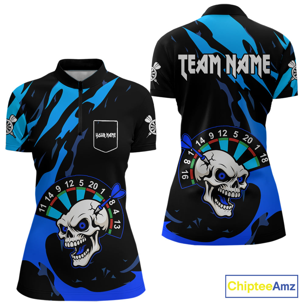 Blue Funny Skull Dart Shirts With Pocket Option For Women Custom Darts Jersey TDM7343