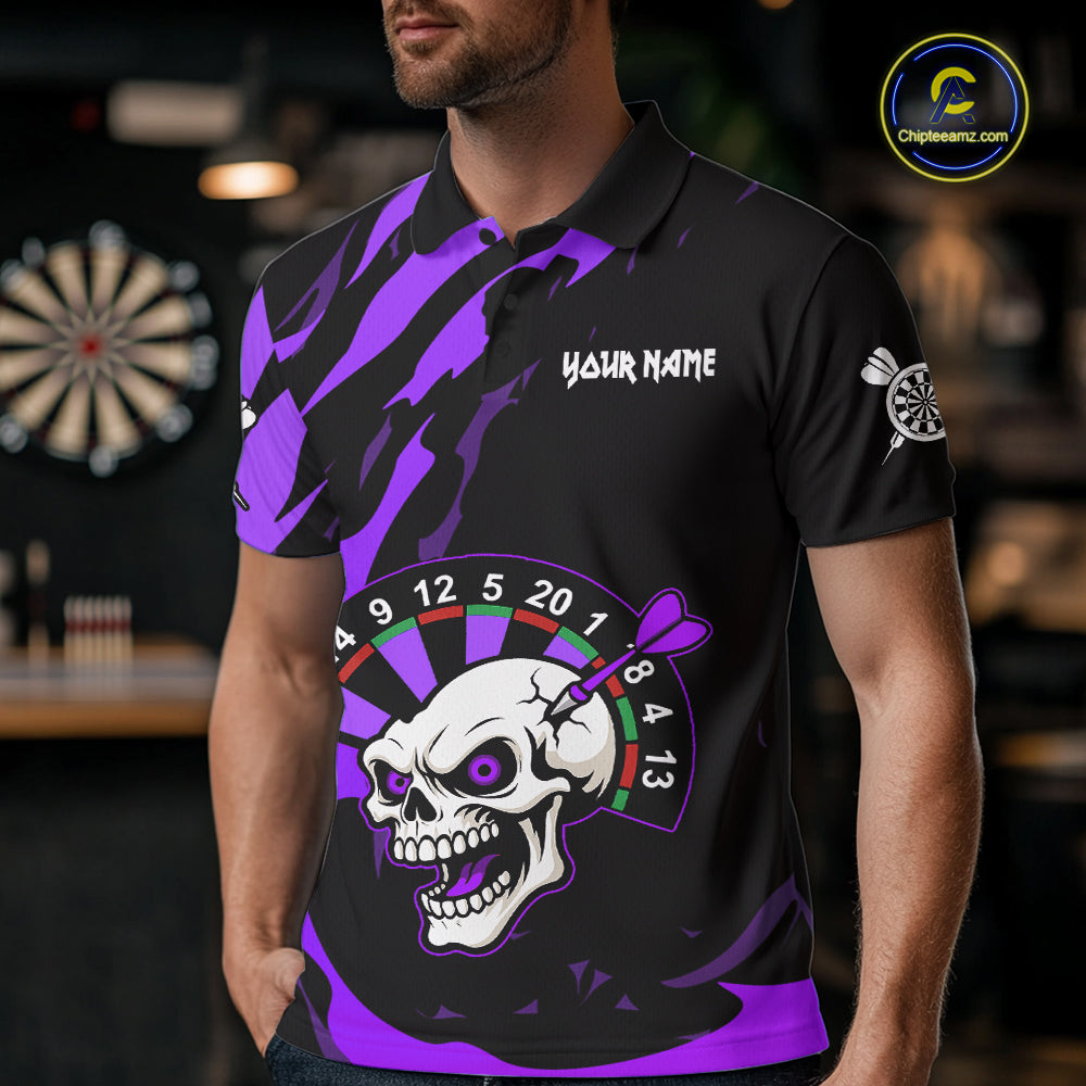 Purple Funny Skull Dart Shirt With Pocket Option For Men Custom Darts Jersey TDM7344