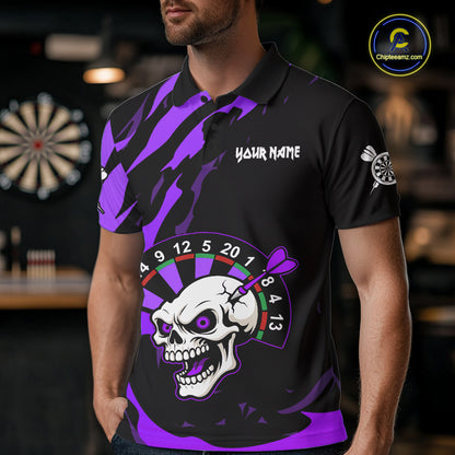 Purple Funny Skull Dart Shirt With Pocket Option For Men Custom Darts Jersey TDM7344