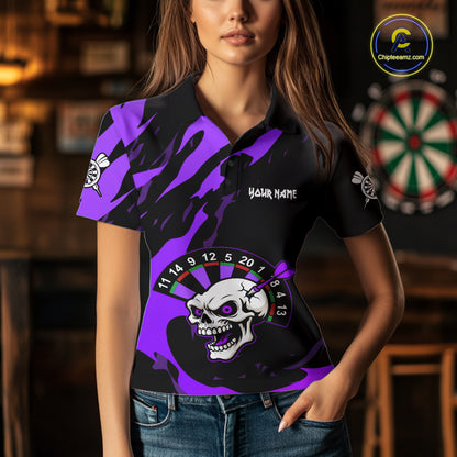 Purple Funny Skull Dart Shirt With Pocket Option For Women Custom Darts Jersey TDM7344