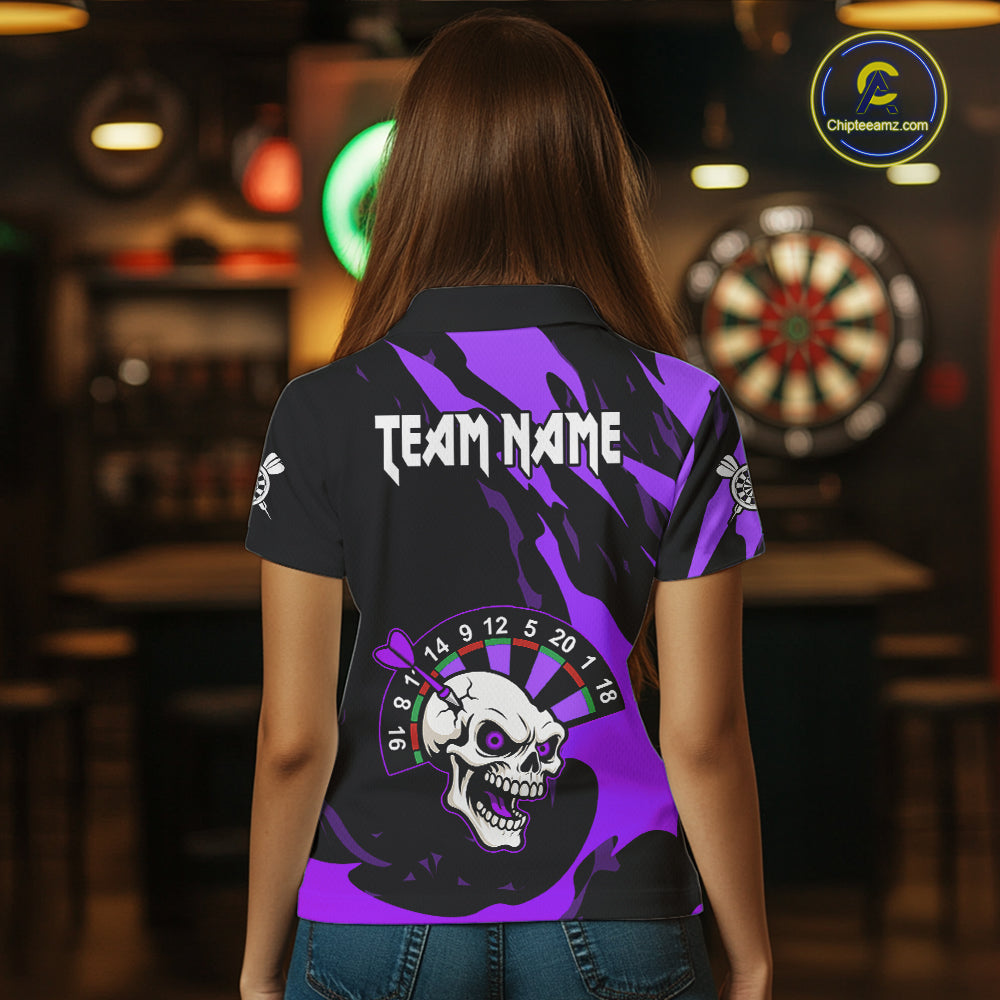 Purple Funny Skull Dart Shirt With Pocket Option For Women Custom Darts Jersey TDM7344
