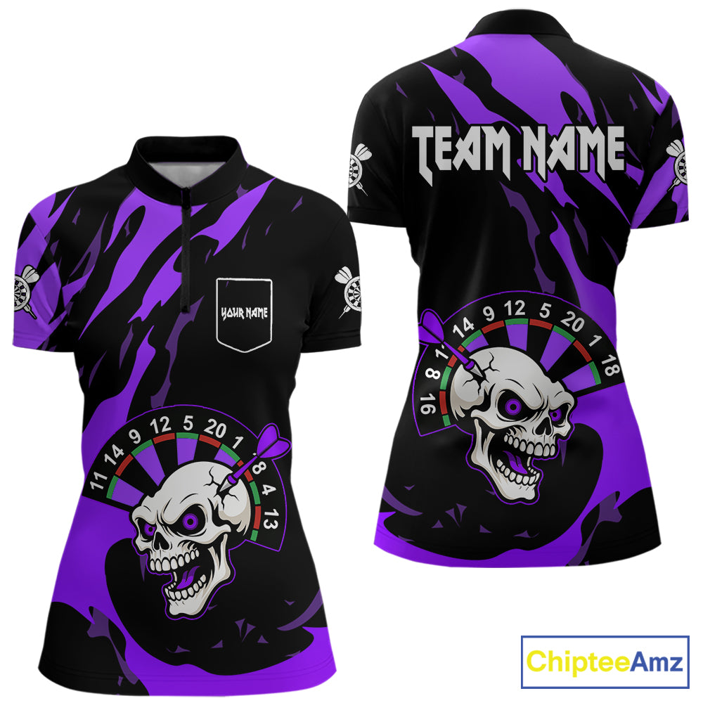Purple Funny Skull Dart Shirt With Pocket Option For Women Custom Darts Jersey TDM7344