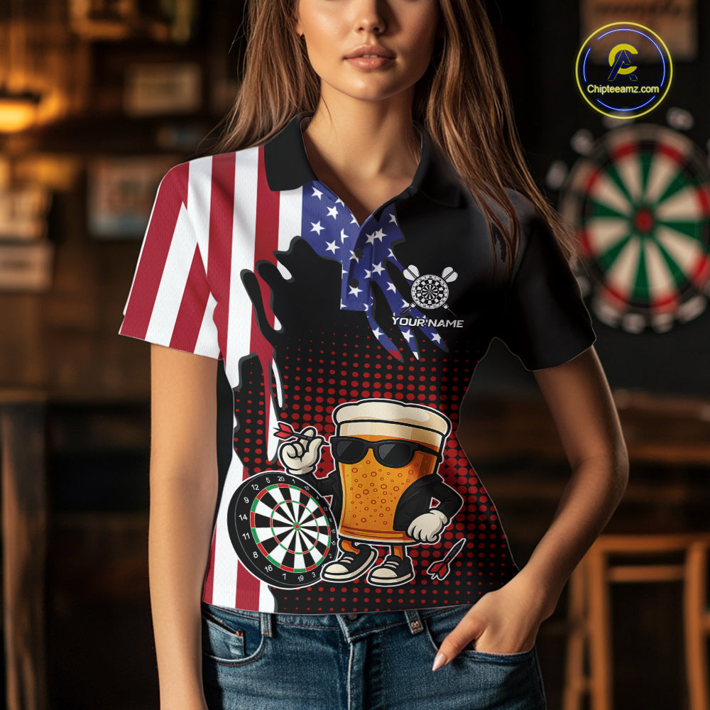American Flag Funny Beer Darts Shirts For Women Custom Patriotic Darts Team Jersey Polo & 1/4 Zip TDM7345