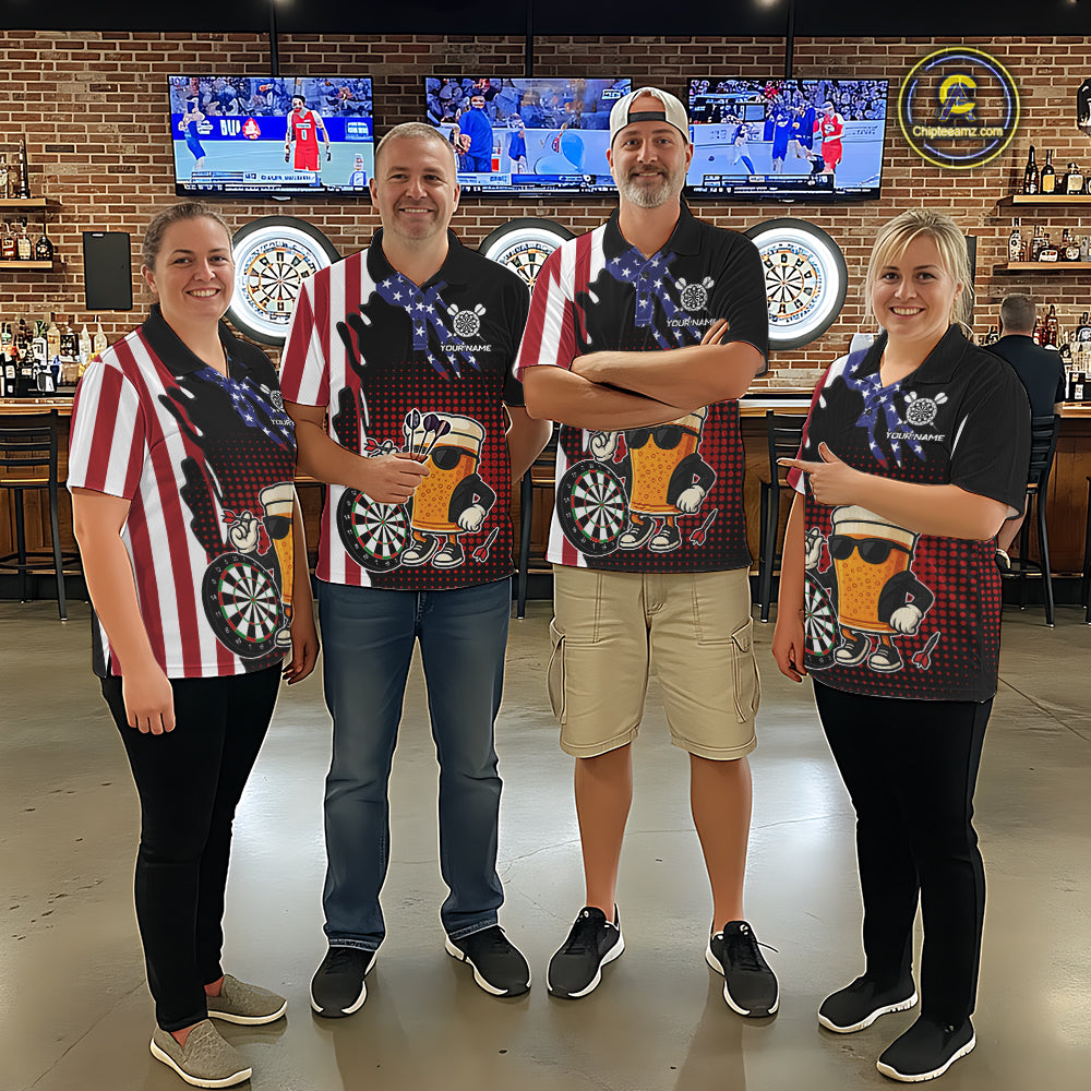 American Flag Funny Beer Darts Shirts For Men Custom Patriotic Darts Team Jersey Polo & 1/4 Zip TDM7345