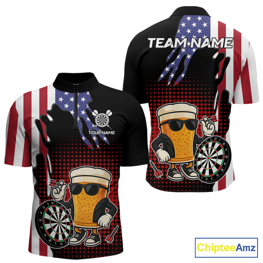 American Flag Funny Beer Darts Shirts For Men Custom Patriotic Darts Team Jersey Polo & 1/4 Zip TDM7345
