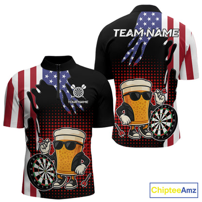 American Flag Funny Beer Darts Shirts For Men Custom Patriotic Darts Team Jersey Polo & 1/4 Zip TDM7345