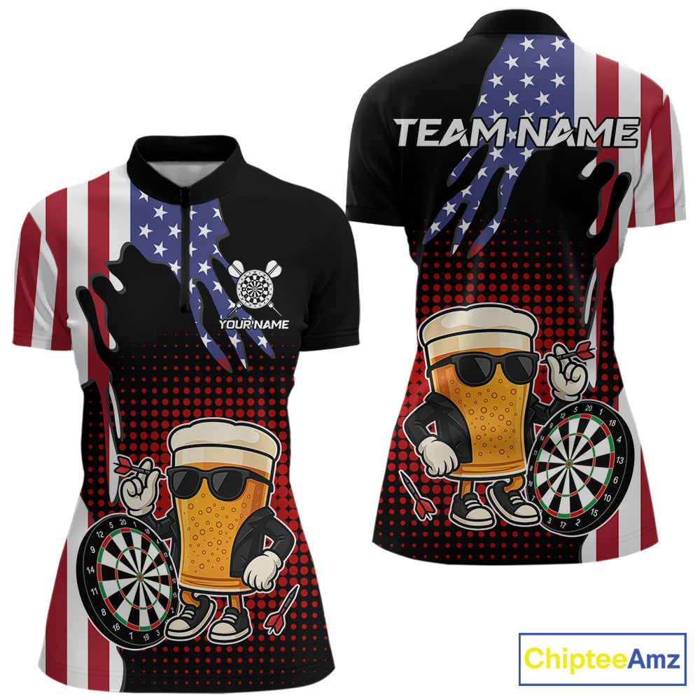 American Flag Funny Beer Darts Shirts For Women Custom Patriotic Darts Team Jersey Polo & 1/4 Zip TDM7345