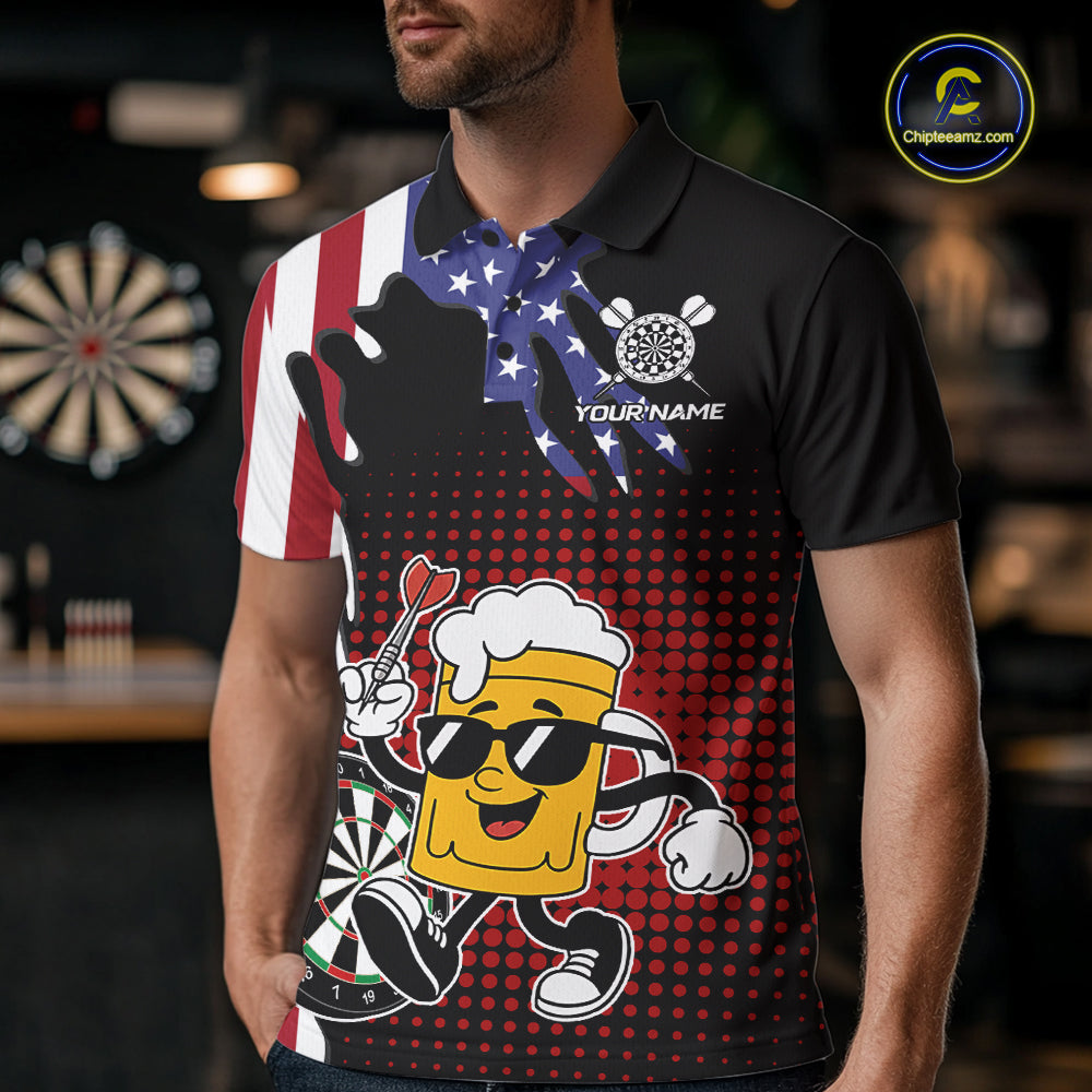 Custom Funny Beer American Flag Darts Shirts For Men, Patriotic Darts Team Jersey Polo & 1/4 Zip TDM7346