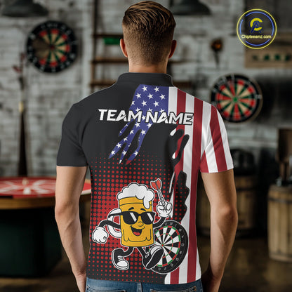 Custom Funny Beer American Flag Darts Shirts For Men, Patriotic Darts Team Jersey Polo & 1/4 Zip TDM7346