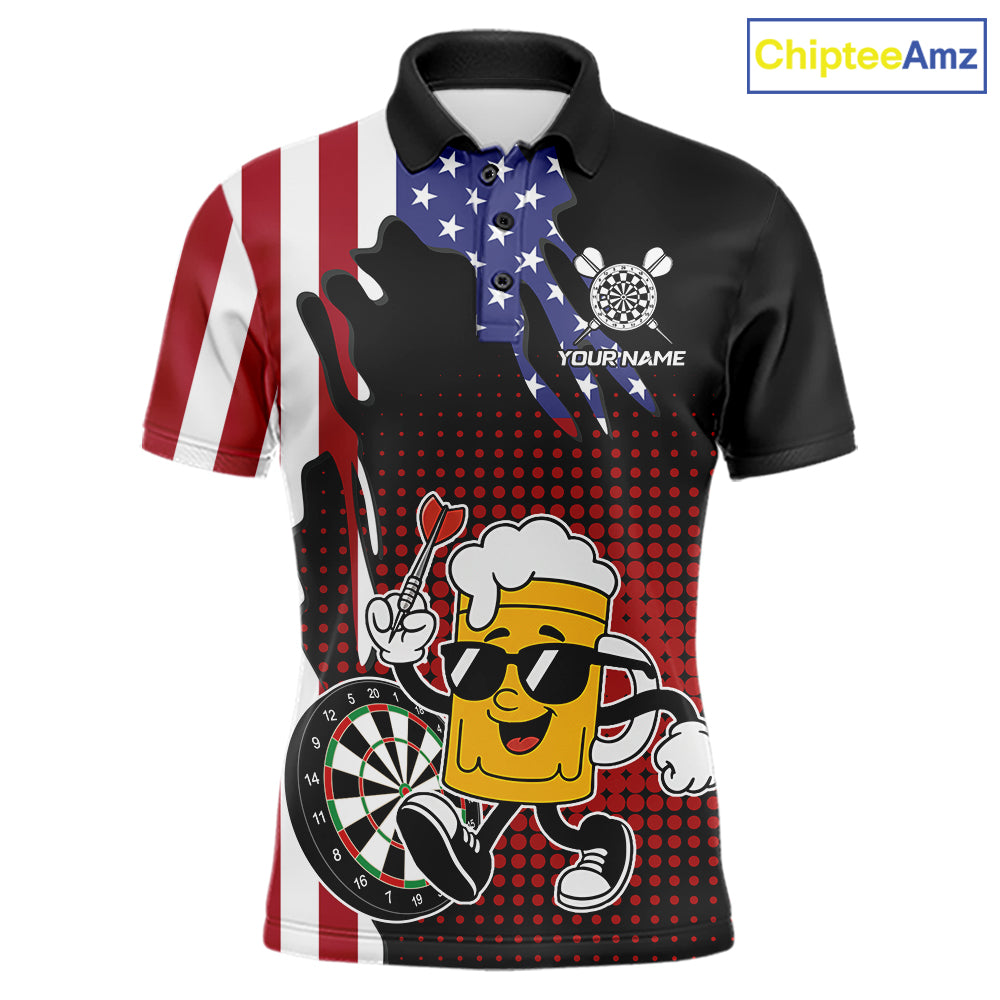 Custom Funny Beer American Flag Darts Shirts For Men, Patriotic Darts Team Jersey Polo & 1/4 Zip TDM7346
