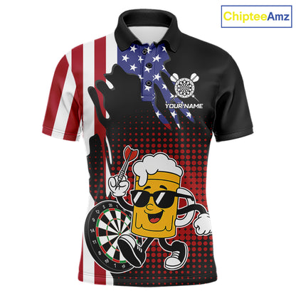 Custom Funny Beer American Flag Darts Shirts For Men, Patriotic Darts Team Jersey Polo & 1/4 Zip TDM7346