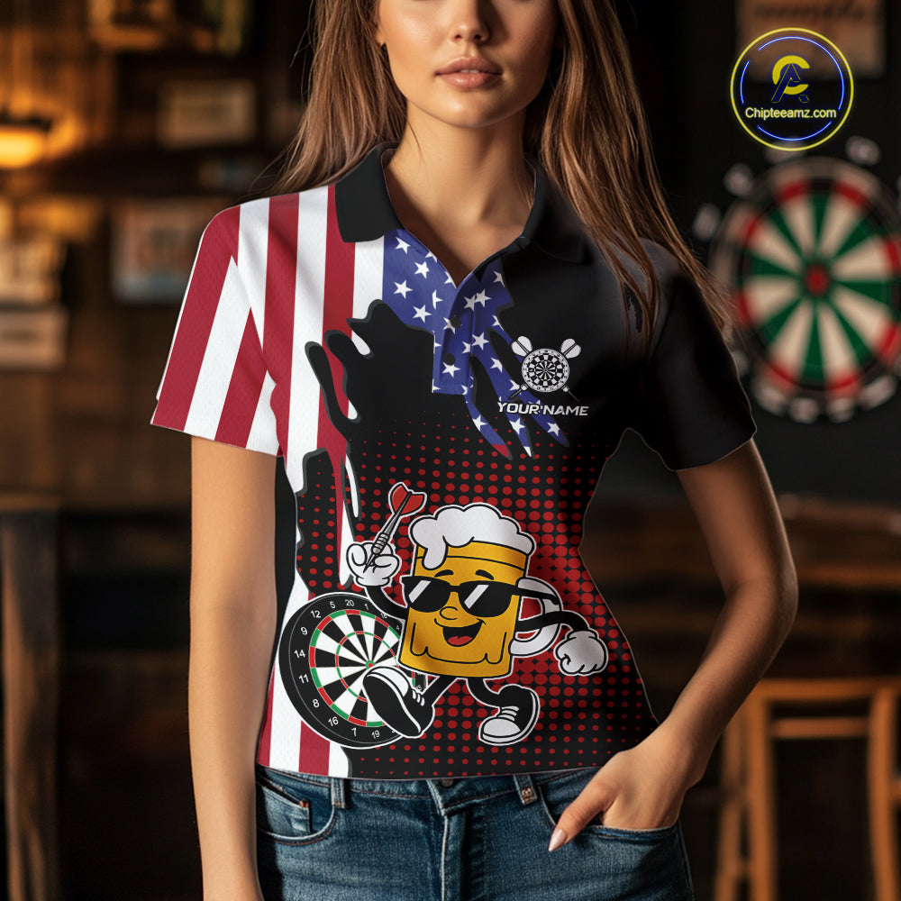 Custom Funny Beer American Flag Darts Shirts For Women, Patriotic Darts Team Jersey Polo & 1/4 Zip TDM7346