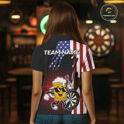 Custom Funny Beer American Flag Darts Shirts For Women, Patriotic Darts Team Jersey Polo & 1/4 Zip TDM7346