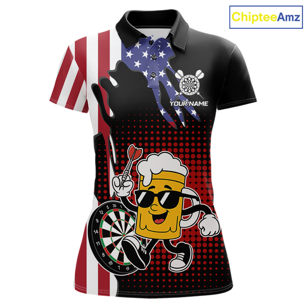 Custom Funny Beer American Flag Darts Shirts For Women, Patriotic Darts Team Jersey Polo & 1/4 Zip TDM7346