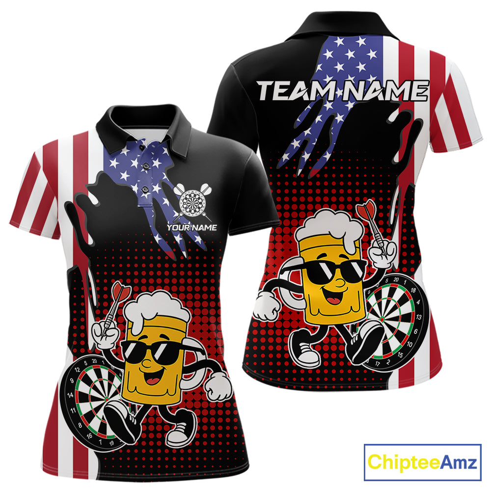 Custom Funny Beer American Flag Darts Shirts For Women, Patriotic Darts Team Jersey Polo & 1/4 Zip TDM7346