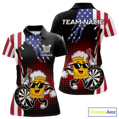 Custom Funny Beer American Flag Darts Shirts For Women, Patriotic Darts Team Jersey Polo & 1/4 Zip TDM7346