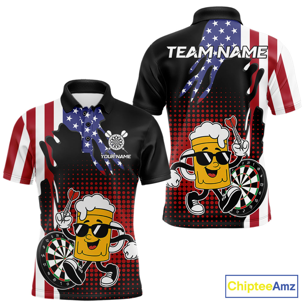 Custom Funny Beer American Flag Darts Shirts For Men, Patriotic Darts Team Jersey Polo & 1/4 Zip TDM7346