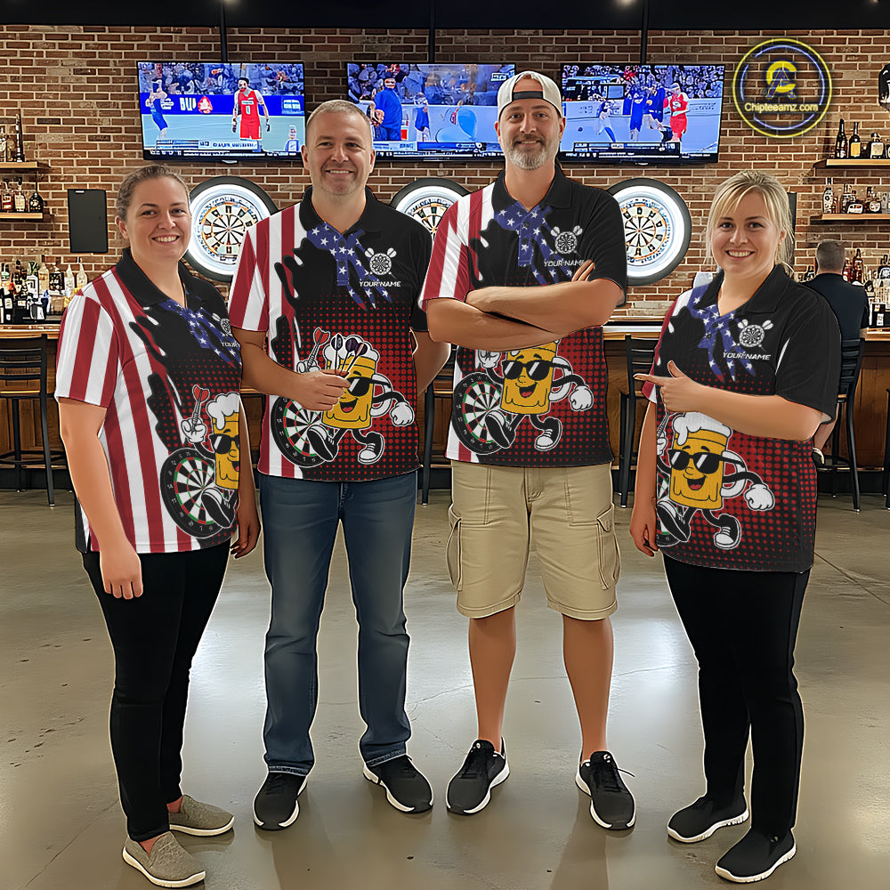 Custom Funny Beer American Flag Darts Shirts For Women, Patriotic Darts Team Jersey Polo & 1/4 Zip TDM7346