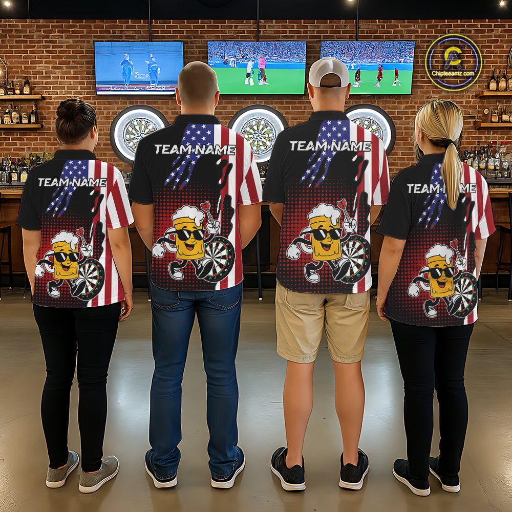 Custom Funny Beer American Flag Darts Shirts For Women, Patriotic Darts Team Jersey Polo & 1/4 Zip TDM7346