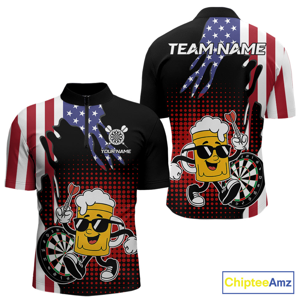 Custom Funny Beer American Flag Darts Shirts For Men, Patriotic Darts Team Jersey Polo & 1/4 Zip TDM7346