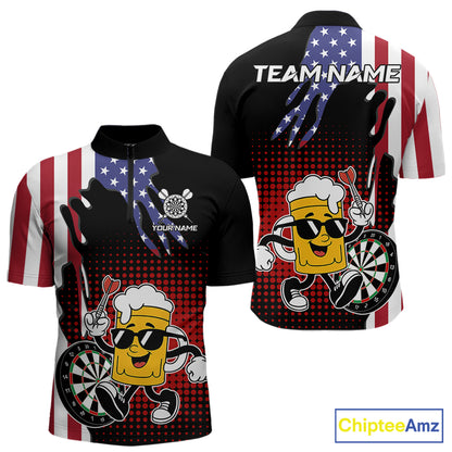 Custom Funny Beer American Flag Darts Shirts For Men, Patriotic Darts Team Jersey Polo & 1/4 Zip TDM7346