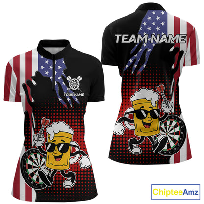 Custom Funny Beer American Flag Darts Shirts For Women, Patriotic Darts Team Jersey Polo & 1/4 Zip TDM7346