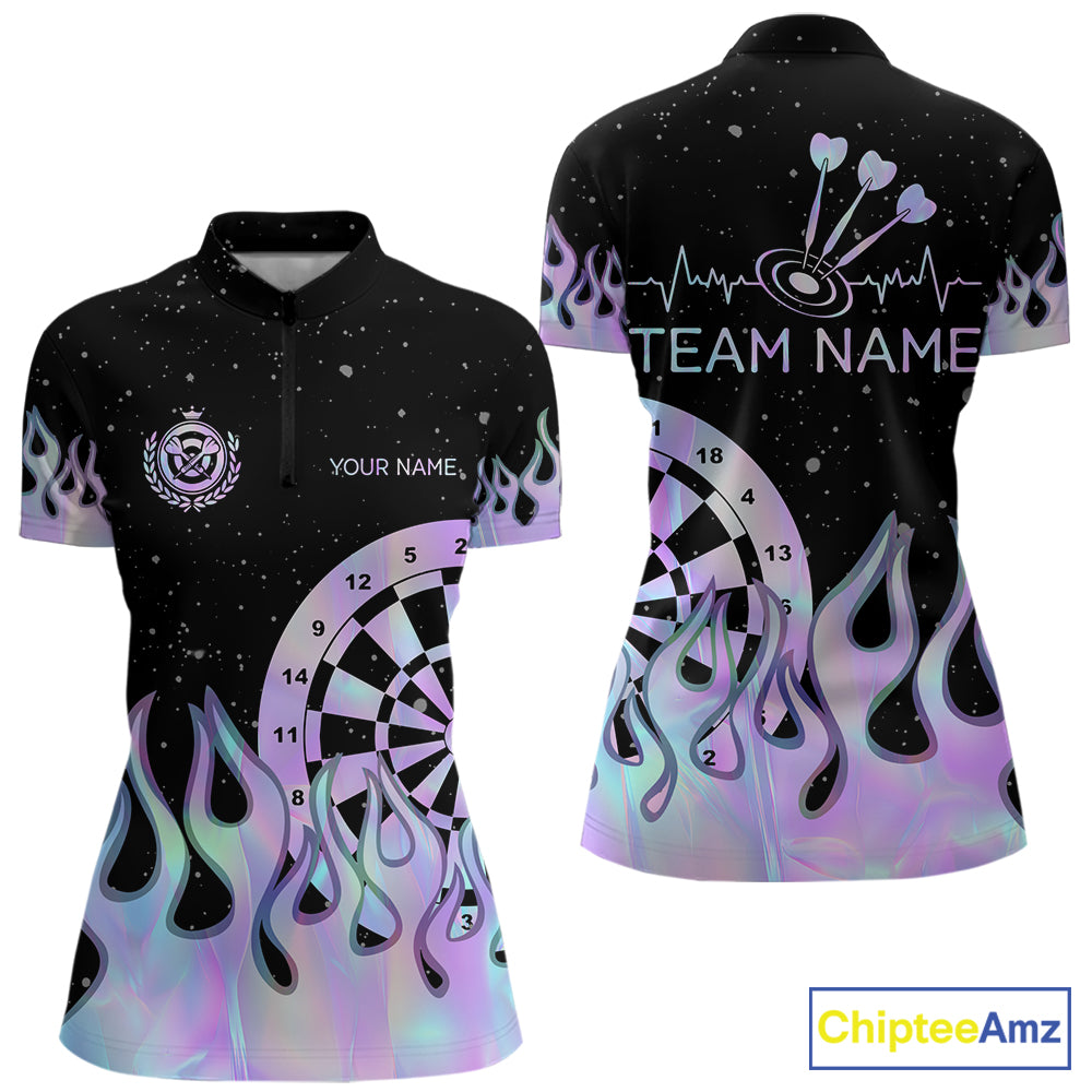 Personalized Holographic Fire Flame Darts Shirts For Women Custom Darts Team Jersey, Darts Gifts TDM7349