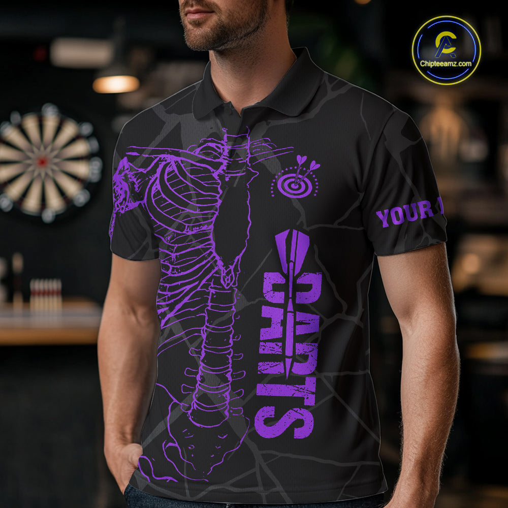 Black And Purple Funny Skeleton Darts Polo & 1/4 Zip Custom Darts Shirt For Men Darts Team Jersey TDM7350