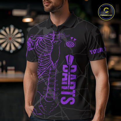 Black And Purple Funny Skeleton Darts Polo & 1/4 Zip Custom Darts Shirt For Men Darts Team Jersey TDM7350