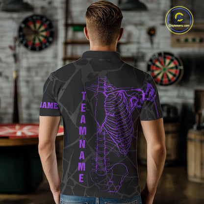 Black And Purple Funny Skeleton Darts Polo & 1/4 Zip Custom Darts Shirt For Men Darts Team Jersey TDM7350