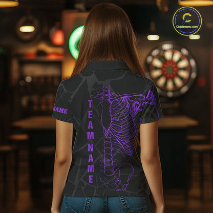 Black And Purple Funny Skeleton Darts Polo & 1/4 Zip Custom Darts Shirt For Women Darts Team Jersey TDM7350