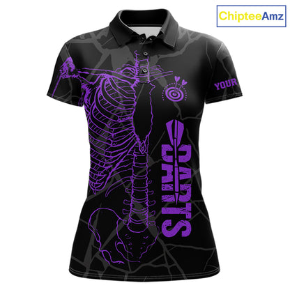 Black And Purple Funny Skeleton Darts Polo & 1/4 Zip Custom Darts Shirt For Women Darts Team Jersey TDM7350