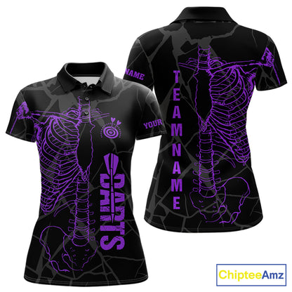 Black And Purple Funny Skeleton Darts Polo & 1/4 Zip Custom Darts Shirt For Women Darts Team Jersey TDM7350