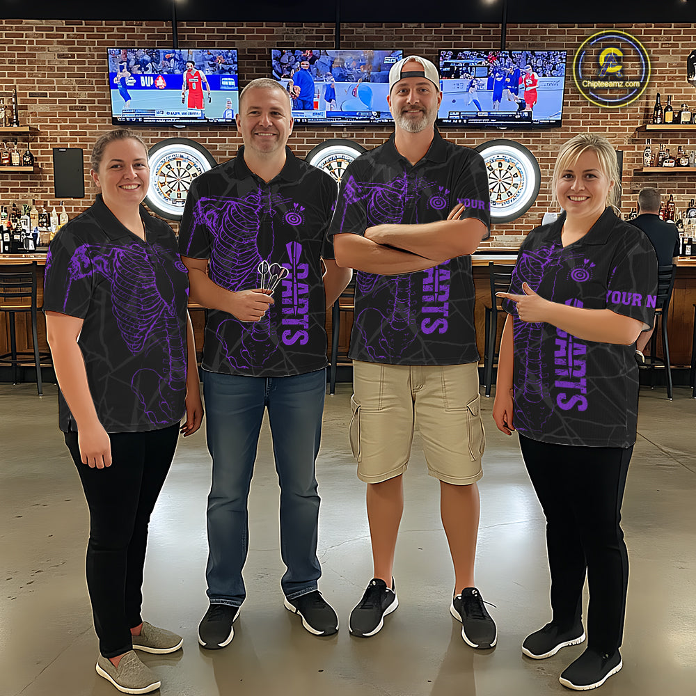 Black And Purple Funny Skeleton Darts Polo & 1/4 Zip Custom Darts Shirt For Women Darts Team Jersey TDM7350