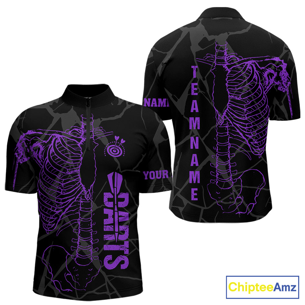 Black And Purple Funny Skeleton Darts Polo & 1/4 Zip Custom Darts Shirt For Men Darts Team Jersey TDM7350