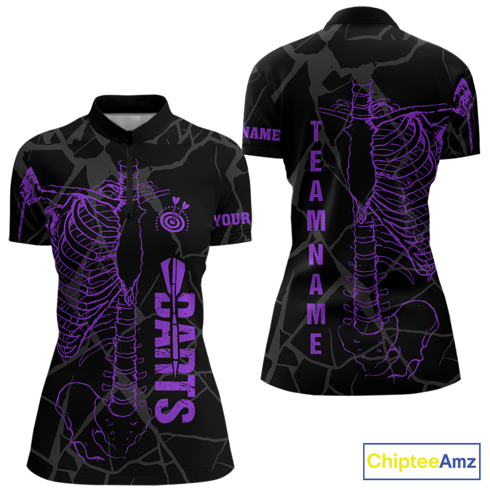 Black And Purple Funny Skeleton Darts Polo & 1/4 Zip Custom Darts Shirt For Women Darts Team Jersey TDM7350