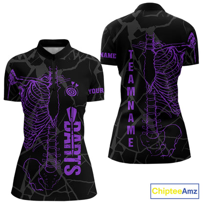 Black And Purple Funny Skeleton Darts Polo & 1/4 Zip Custom Darts Shirt For Women Darts Team Jersey TDM7350