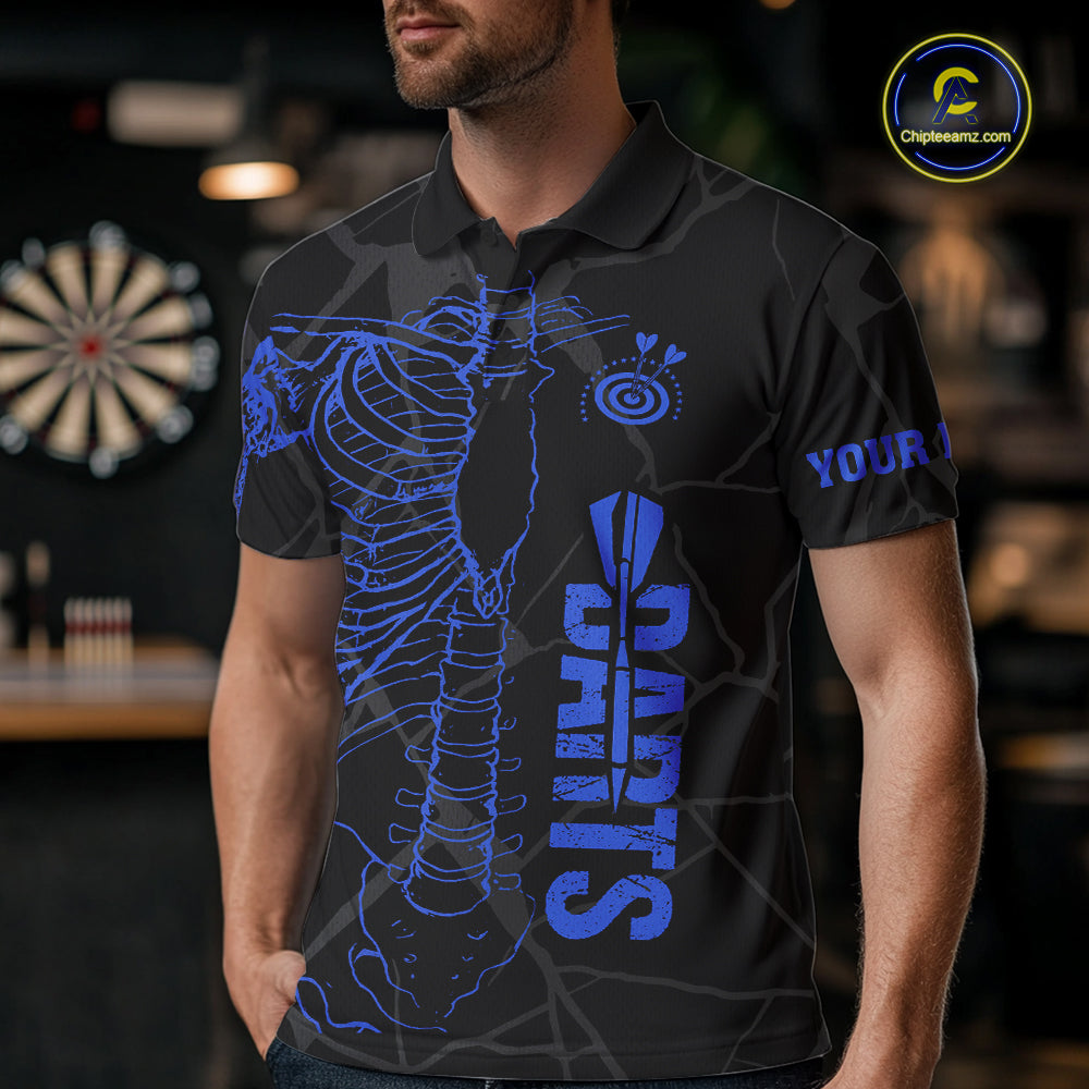 Black And Blue Funny Skeleton Darts Polo & 1/4 Zip Custom Darts Shirt For Men Darts Team Jersey TDM7351