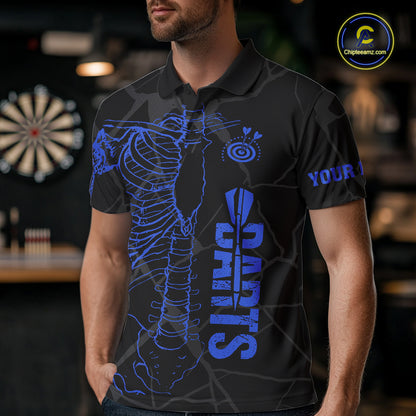 Black And Blue Funny Skeleton Darts Polo & 1/4 Zip Custom Darts Shirt For Men Darts Team Jersey TDM7351