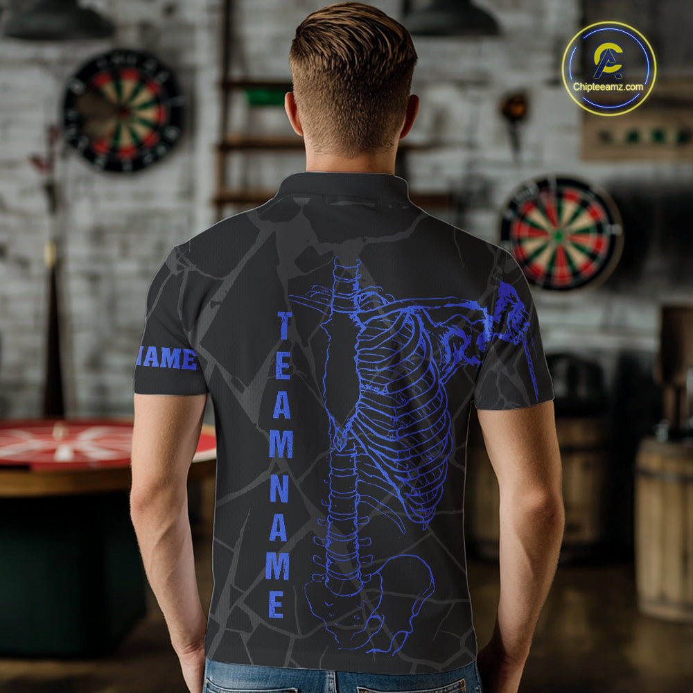 Black And Blue Funny Skeleton Darts Polo & 1/4 Zip Custom Darts Shirt For Men Darts Team Jersey TDM7351