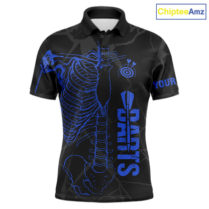 Black And Blue Funny Skeleton Darts Polo & 1/4 Zip Custom Darts Shirt For Men Darts Team Jersey TDM7351