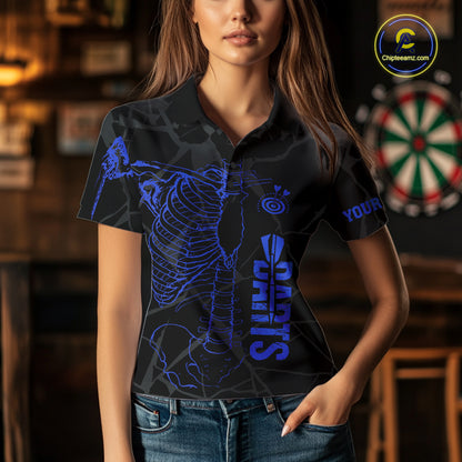 Black And Blue Funny Skeleton Darts Polo & 1/4 Zip Custom Darts Shirt For Women Darts Team Jersey TDM7351