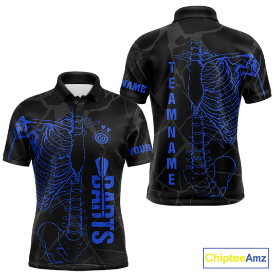 Black And Blue Funny Skeleton Darts Polo & 1/4 Zip Custom Darts Shirt For Men Darts Team Jersey TDM7351