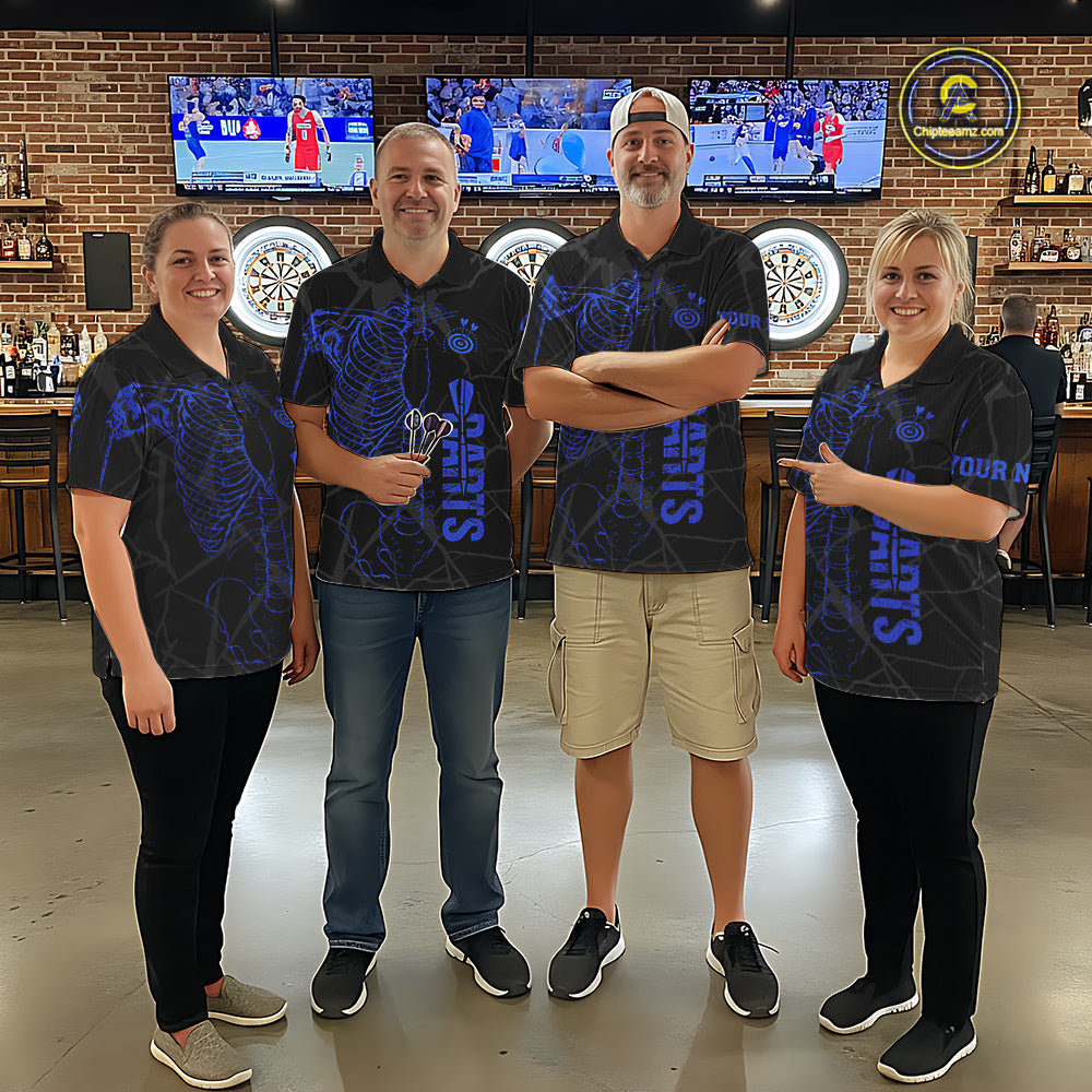 Black And Blue Funny Skeleton Darts Polo & 1/4 Zip Custom Darts Shirt For Women Darts Team Jersey TDM7351